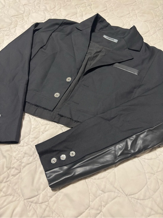 Maniere De Voir Jackets & Blazers - Maniere De Voir Black Raw Hem Cropped Blazer with Faux Leather